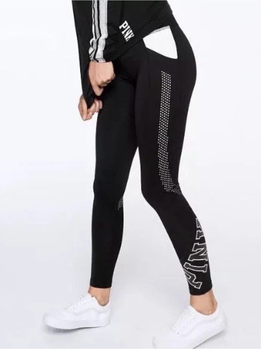 PINK Black Logo Leggings size S with Side Vent and Perforated Detailing/E132